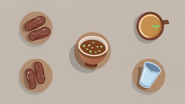 Ramadan Iftar food animation. Vector set including dates, soup bowl, water, and tea appearing on neutral background. Motion graphic for Islamic fasting break and dinner traditions.