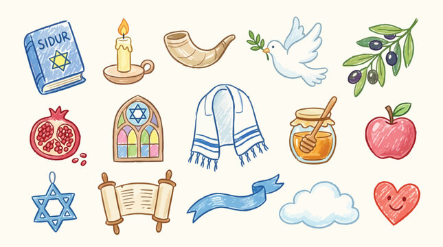 Collection of Jewish symbols and objects, including a Torah scroll, shofar, menorah, and Star of David.