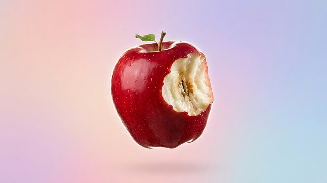 Fresh red apple with a bite taken out on a colorful gradient background. apfel angebissen