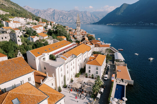 Aerial view of Perast waterfront and historic architecture in Kotor Bay