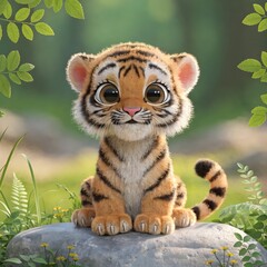 Obraz premium Cute cartoon tiger cub sitting in a green forest