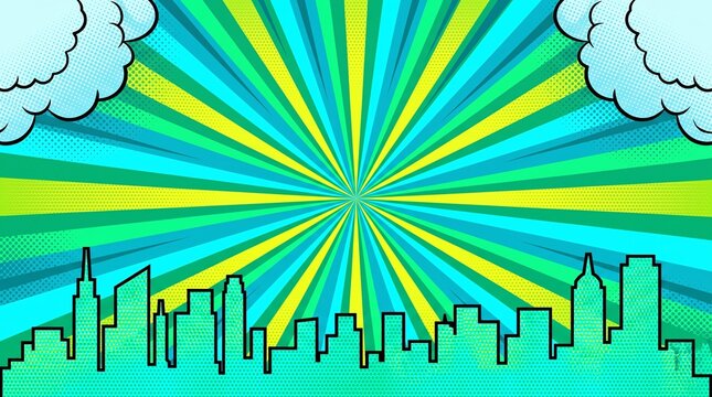 Fresh blue-green skyline with colorful sunburst rays and urban silhouette. Ideal for creative branding, posters, web banners, and marketing materials.