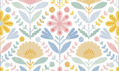 Naklejka premium Pastel Nordic Floral Repeat Background.