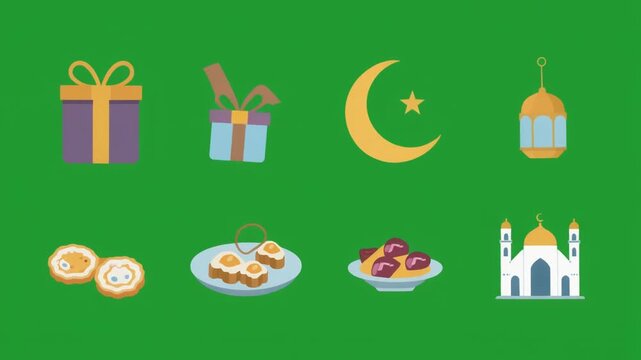 Ramadan Islamic icon set animation. Includes Mosque, crescent moon, lantern, dates, sweets, and gift boxes. Flat vector motion graphic on chroma key green screen background for video editing.