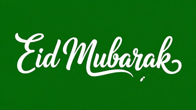 Eid Mubarak greeting video. White cursive handwriting animation on a solid green background with light flares. Islamic holiday celebration message for social media and video projects.