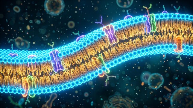 3d illustration of a cell membrane structure with proteins and lipids