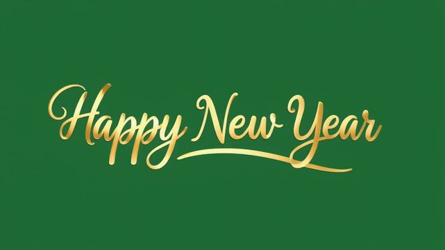 Elegant Happy New Year golden calligraphy lettering animation on a rich green background, festive holiday greeting with handwritten script, perfect for celebrations, cards and videos