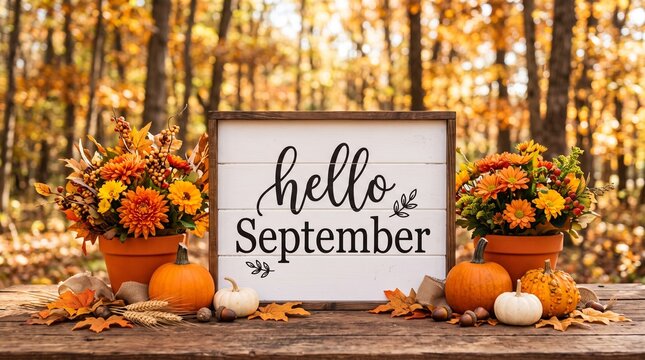Hello September sign with autumn flowers. Fall seasonal decor with pumpkins and foliage.