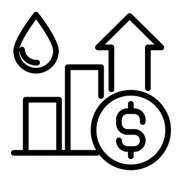 Oil drop with rising bar chart and dollar coin outline icon