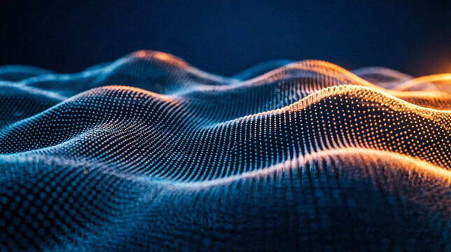 Abstract digital wave landscape glows in blue and orange particle light patterns.