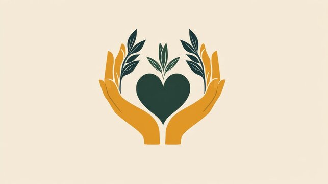 Logo design featuring two hands holding each other with a green heart in the middle, in a simple line art style with earthy color palette of beige and yellow-orange on a white, Generative AI