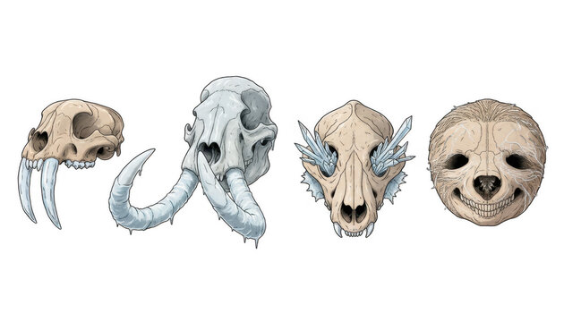 Collection of Four Distinct Animal Skulls Illustrated Style