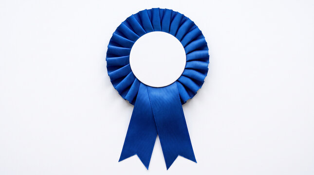 Blue Award Rosette Ribbon Badge with Blank White Center Isolated on White Background