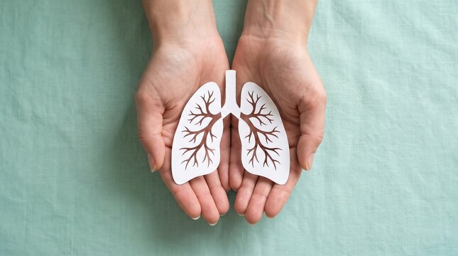 Hands holding paper lungs for world lung cancer day awareness