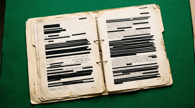 An open ledger with aged pages, its text heavily redacted, lies on a textured green surface, hinting at secrecy and untold stories.