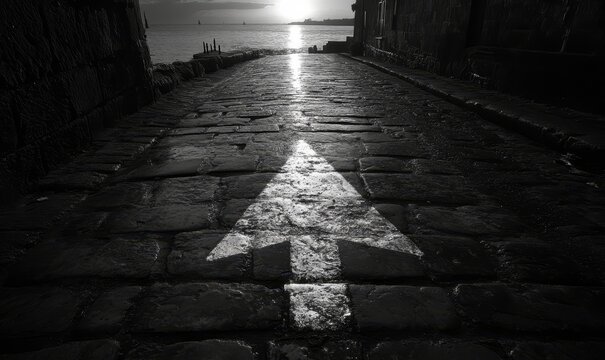 A straight road with an arrow painted on it, leading towards the horizon The sun is setting in the background casting long shadows over cobblestones and asphalt, Generative AI