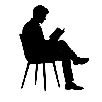 Man reading book on chair vector silhouette illustration of male student or relaxed reader on white background