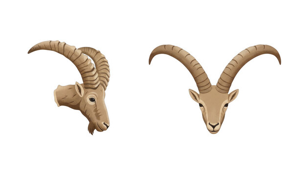 Two Ibex Heads with Large Curved Horns