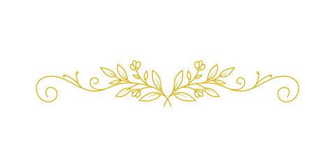 Elegant golden floral divider with symmetrical leaves and swirls, decorative botanical flourish element for wedding invitations and greeting cards isolated on transparent background © MSTLATIFA