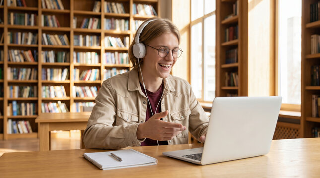 Student headphone laptop study digital library education young male smile assistant online learning. ai technology innovation. online remote student learning, school education computer help
