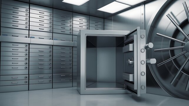 Open Metal Safe Deposit Box in Secure Bank Vault Room