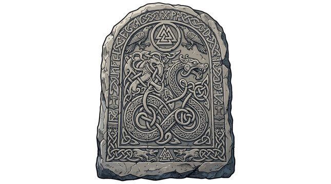 Ancient Nordic ornament Valknut symbol carved on a weathered stone slab with intricate Celtic knotwork patterns.
