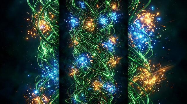 Abstract glowing green vines with blue and gold light particles abstract particles background twisting entangled mystical conceptual artistic