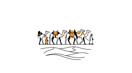 Obraz premium Desert Caravan: Camels and Figures on Sand Dunes