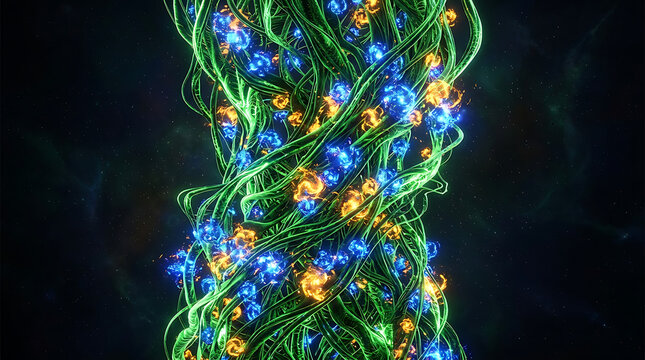 Abstract glowing green vines with blue and gold light particles abstract particles background twisting entangled mystical conceptual artistic