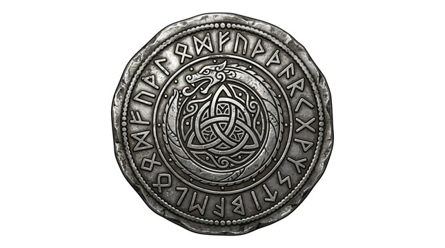 Viking campfire surrounded by shield with celtic knot and runes symbolizing culture