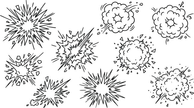 Comic Book Explosion Effect Set with Boom Burst Dust Clouds and Shrapnel Debris Vector Line Art Graphic Illustrations