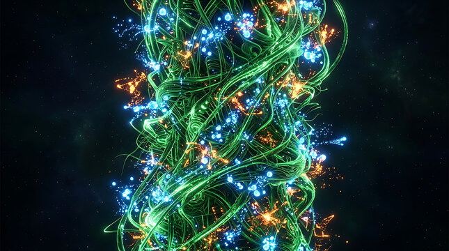 Abstract glowing green vines with blue and gold light particles abstract particles background twisting entangled mystical conceptual artistic