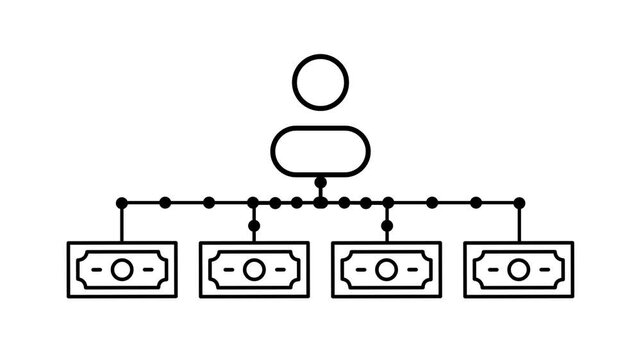 Minimal line icon of a person connected to four dollar bills representing income distribution and payment sharing for professional design projects
