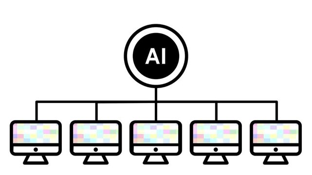 Minimal line icon of an artificial intelligence node connected to five computer monitors representing AI network for professional design projects