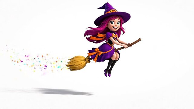 Adorable flying witch riding a broomstick with smooth looping animation on a clean white background. Perfect for Halloween, motion graphics, kids videos, social media, and festive projects.