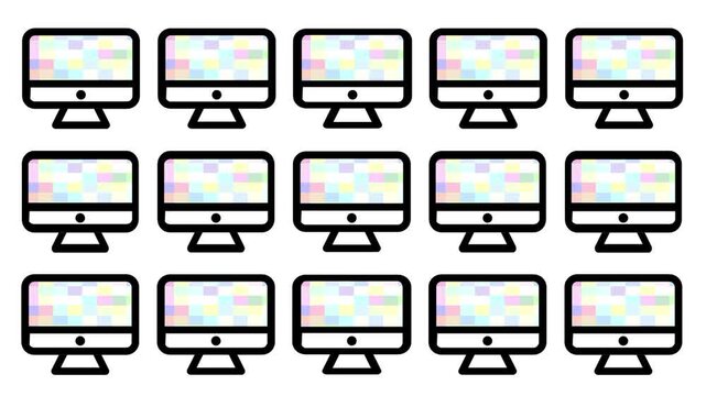 Minimal line icon of fifteen computer monitors arranged in a grid representing a large server farm array for professional creative use today for design