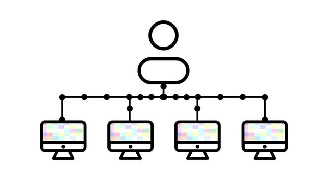 Minimal line icon of a person connected to four computer monitors representing management of multiple devices for professional creative use today