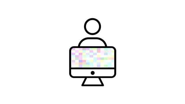 Minimal line icon of a person figure on top of a computer monitor representing remote work and online activity for professional creative use today