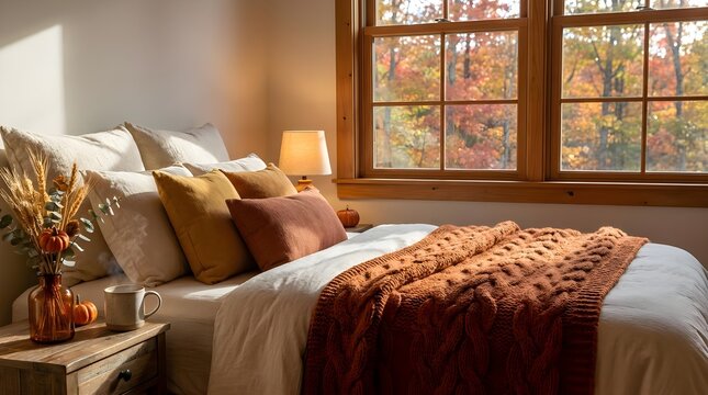 Cozy Autumn Bedroom with Warm Knit Throw Blanket