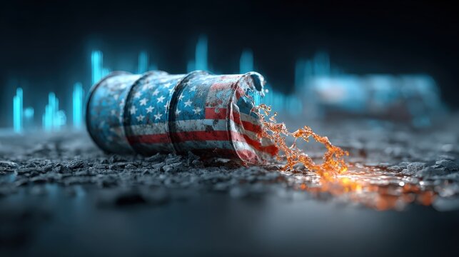 A tipped-over oil barrel, adorned with the American flag, spills its contents onto a textured surface. ..Created with Generative AI, not depicting real subjects.