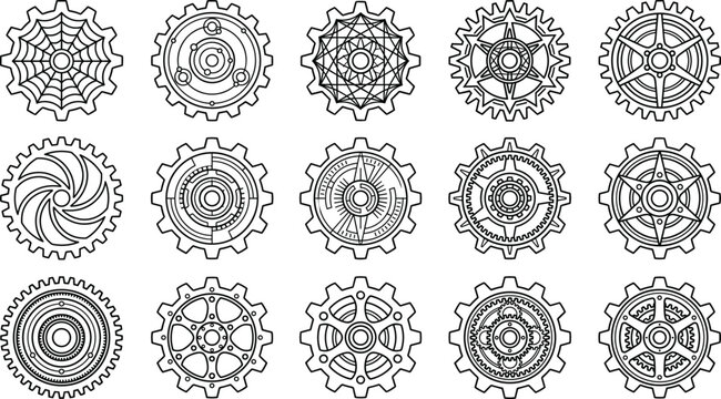 Steampunk Gear and Decorative Cogwheel Icon Set with Geometric Mechanical Elements and Intricate Clockwork Vector Line Art Designs