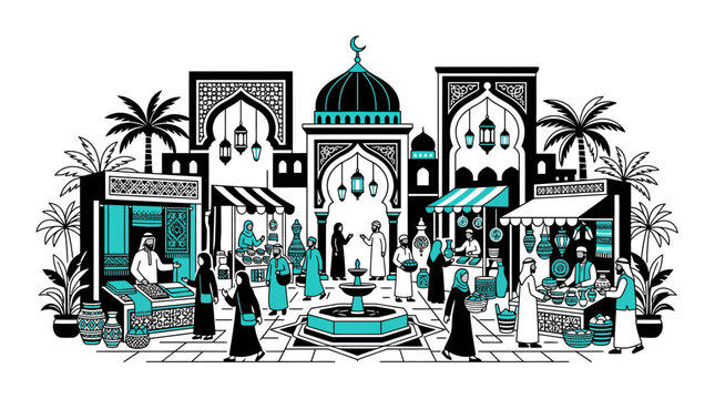 Middle Eastern Market Scene with People and Architecture