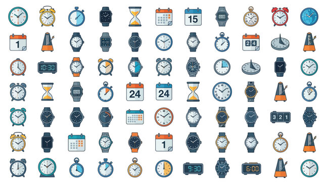 A collection of various timekeeping devices and calendar icons, including watches, alarm clocks, hourglasses, and calendars.