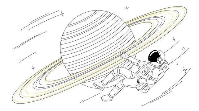 Vector illustration of an astronaut floating near a planet with a ring. Minimal black and white line art with yellow accents. Symbol of exploration, cosmic travel, and futuristic discover 