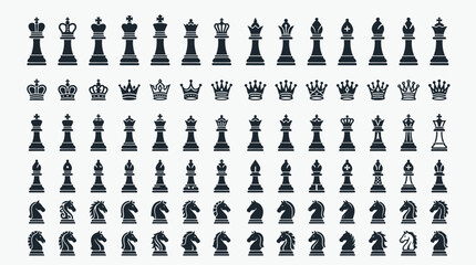 Collection of black chess pieces arranged in rows, showcasing kings, queens, bishops, knights, rooks, and pawns. © Eza