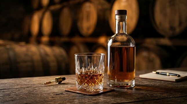A professional whisky tasting setup with a glass, bottle, dropper and notebook in a distillery