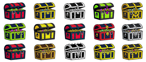 Collection of Colorful Treasure Chests Filled with Gold and Jewels © mumun