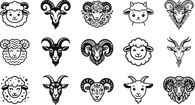 Collection of stylized ram and sheep heads in vector illustration for branding