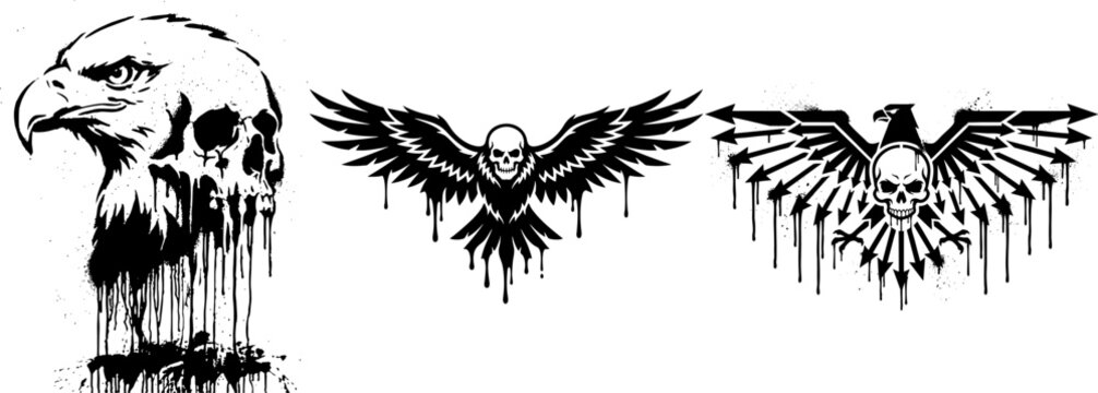 Eagle and skull grunge illustration set in black and white