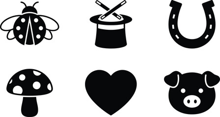 Good luck symbols horseshoe pig heart magic hat ladybug mushroom vector illustration © DESIGN SHOP